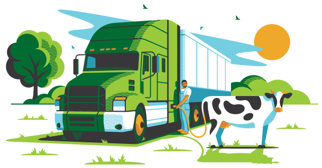 illustration of man using cow to fuel truck